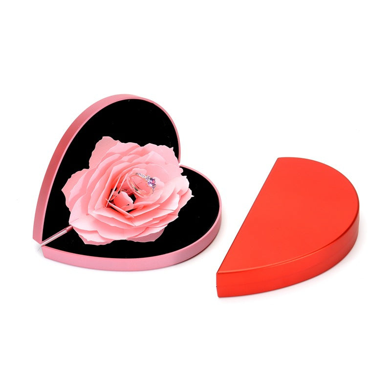 3D Love Box Heart-shaped Rose Flower Rotating Ring Box Valentines Day Gift - Inas