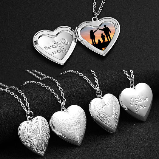 Carved Design Love Necklace Personalized Heart-shaped Photo Frame Pendant Necklace For Women Family Jewelry For Valentine's Day - Inas